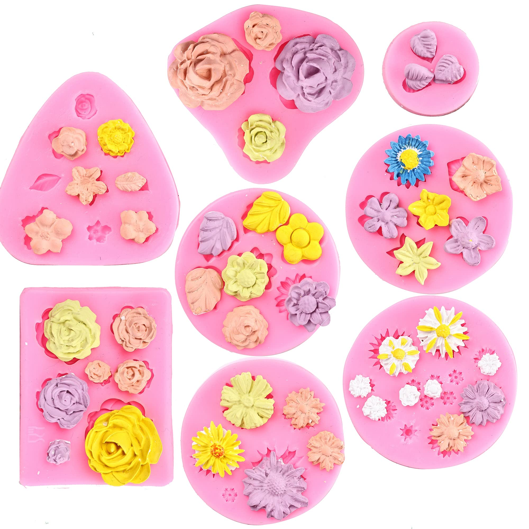 Flower Fondant Cake Molds-8 Pcs-Daisy, Rose, Chrysanthemum and Small Flower Leaf, Candy Silicone Molds for Chocolate Fondant Polymer Clay Soap Crafting Projects & Cake Decoration