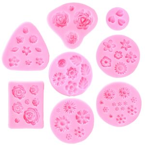 Flower Fondant Cake Molds-8 Pcs-Daisy, Rose, Chrysanthemum and Small Flower Leaf, Candy Silicone Molds for Chocolate Fondant Polymer Clay Soap Crafting Projects & Cake Decoration