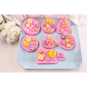 Flower Fondant Cake Molds-8 Pcs-Daisy, Rose, Chrysanthemum and Small Flower Leaf, Candy Silicone Molds for Chocolate Fondant Polymer Clay Soap Crafting Projects & Cake Decoration