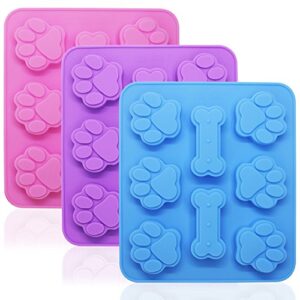 3 pcs silicone molds puppy dog paw & bone shaped 2 in 1, 8-cavity, finegood reusable ice candy trays chocolate cookies baking pans, oven microwave freezer dishwasher safe-pink, blue, purple