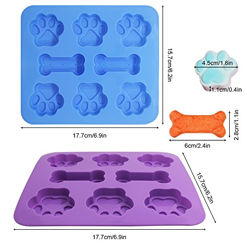 3 Pcs Silicone Molds Puppy Dog Paw & Bone Shaped 2 in 1, 8-Cavity, FineGood Reusable Ice Candy Trays Chocolate Cookies Baking Pans, Oven Microwave Freezer Dishwasher Safe-Pink, Blue, Purple