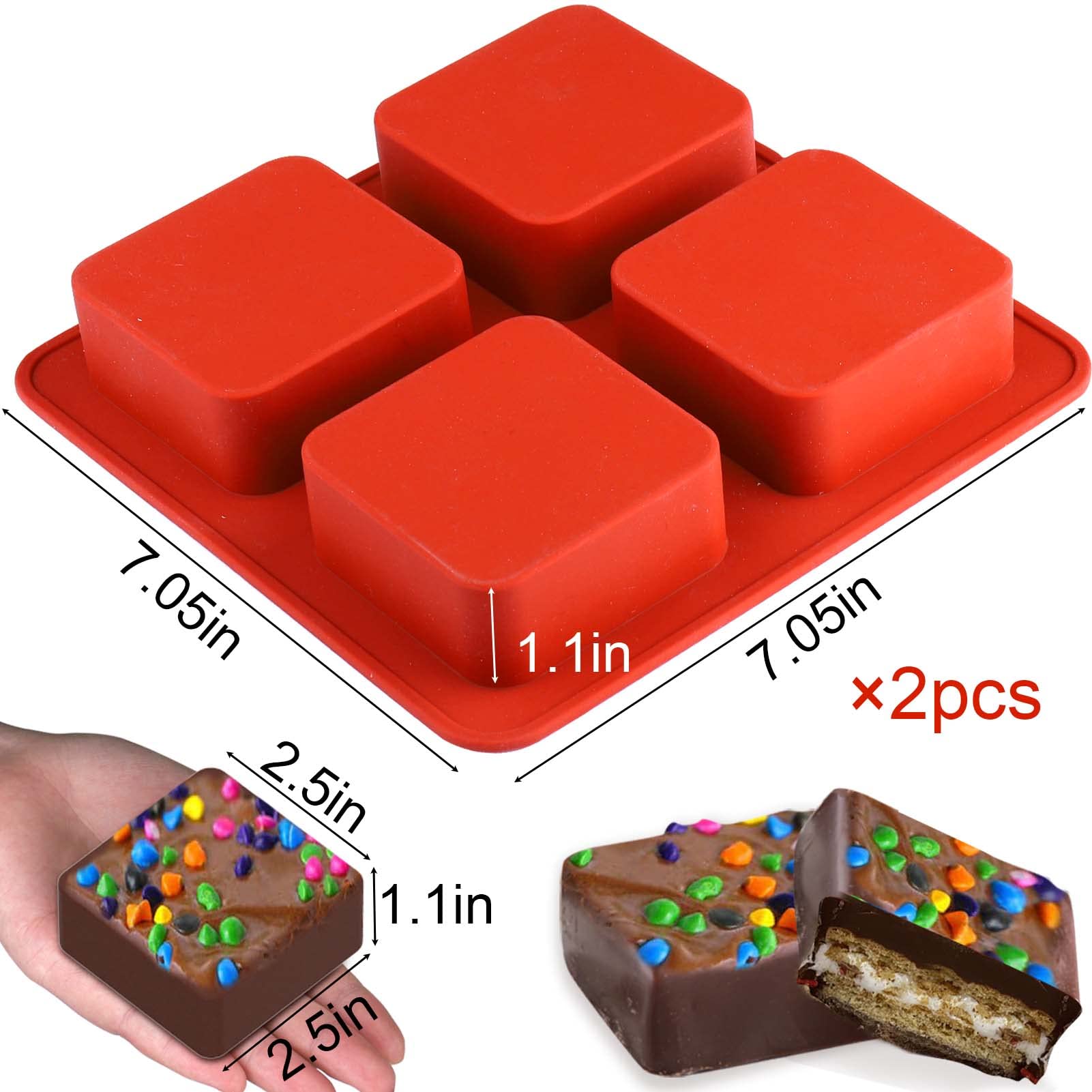 AIERSA 2 Pcs Chocolate Covered Cookie Molds for S'mores, 4 Cavity Square Silicone Mold for DIY Sandwich Cookies, Brownies, Muffin, Mousse, Cakes, Candy, Chocolate