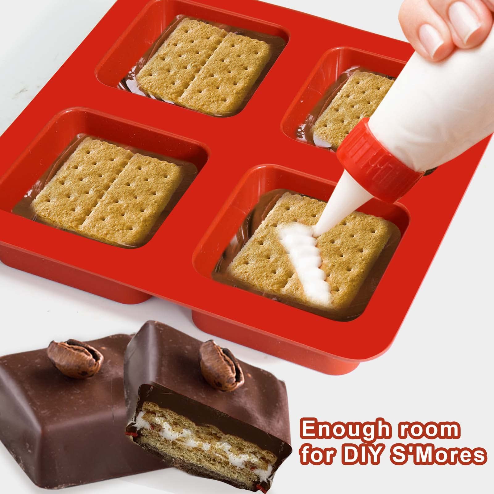 AIERSA 2 Pcs Chocolate Covered Cookie Molds for S'mores, 4 Cavity Square Silicone Mold for DIY Sandwich Cookies, Brownies, Muffin, Mousse, Cakes, Candy, Chocolate