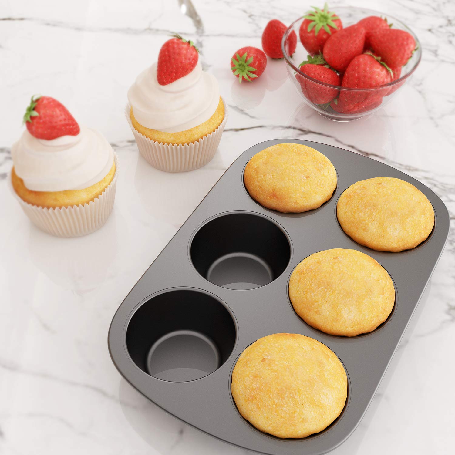 Tiawudi 2 Pack Nonstick Muffin Pan, Carbon Steel Cupcake Pan, 6 Cup, Easy to Clean and Perfect for Making Muffins or Cupcakes, Jumbo