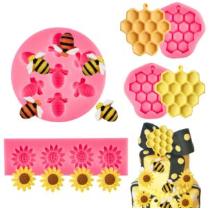 Ocmoiy 4 Pieces Bumble Bee Silicone Mold Honeycomb Sunflower and Bee Fondant Molds for Cupcake Cake Decorating Sugar Chocolate Candy Baking Mold