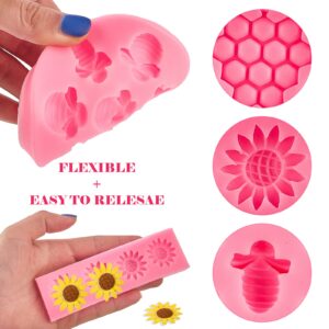 Ocmoiy 4 Pieces Bumble Bee Silicone Mold Honeycomb Sunflower and Bee Fondant Molds for Cupcake Cake Decorating Sugar Chocolate Candy Baking Mold