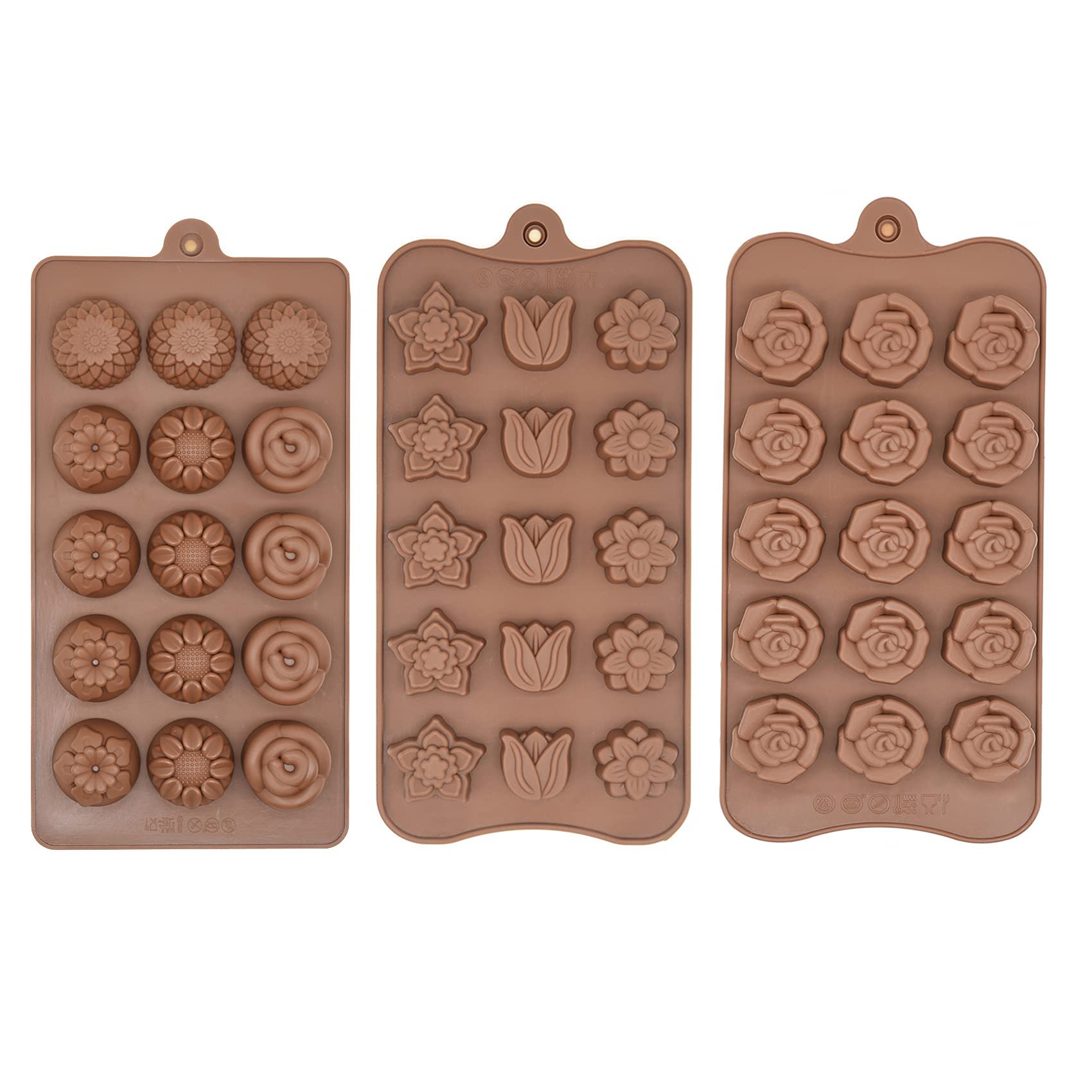 Poproo Non-Stick Silicone Molds Chocolate Molds Flower Gummy Candy Molds Ice Cube Molds Tray Cake Decoration Party & Wedding Gift, Pack of 3, 45-Cavity