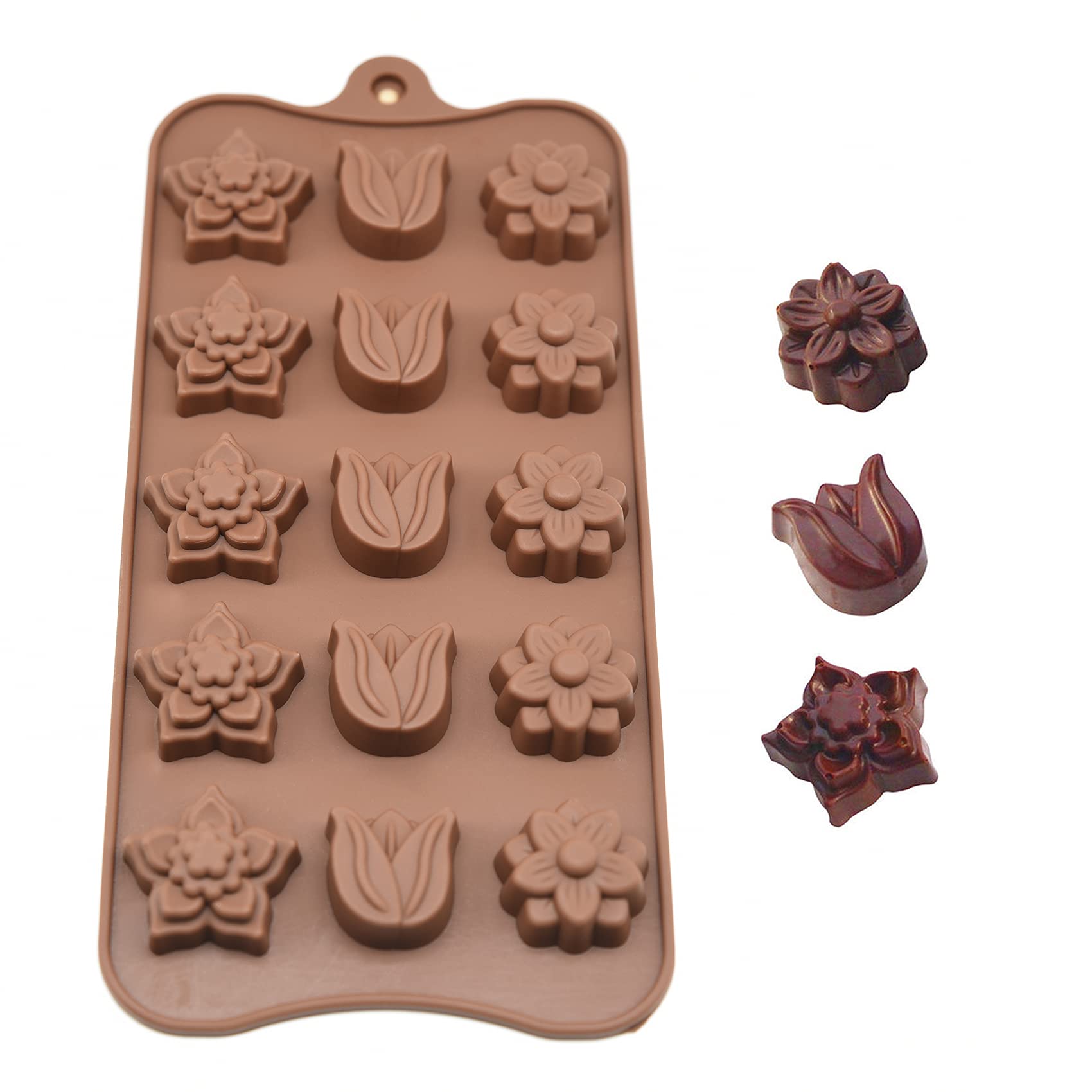 Poproo Non-Stick Silicone Molds Chocolate Molds Flower Gummy Candy Molds Ice Cube Molds Tray Cake Decoration Party & Wedding Gift, Pack of 3, 45-Cavity