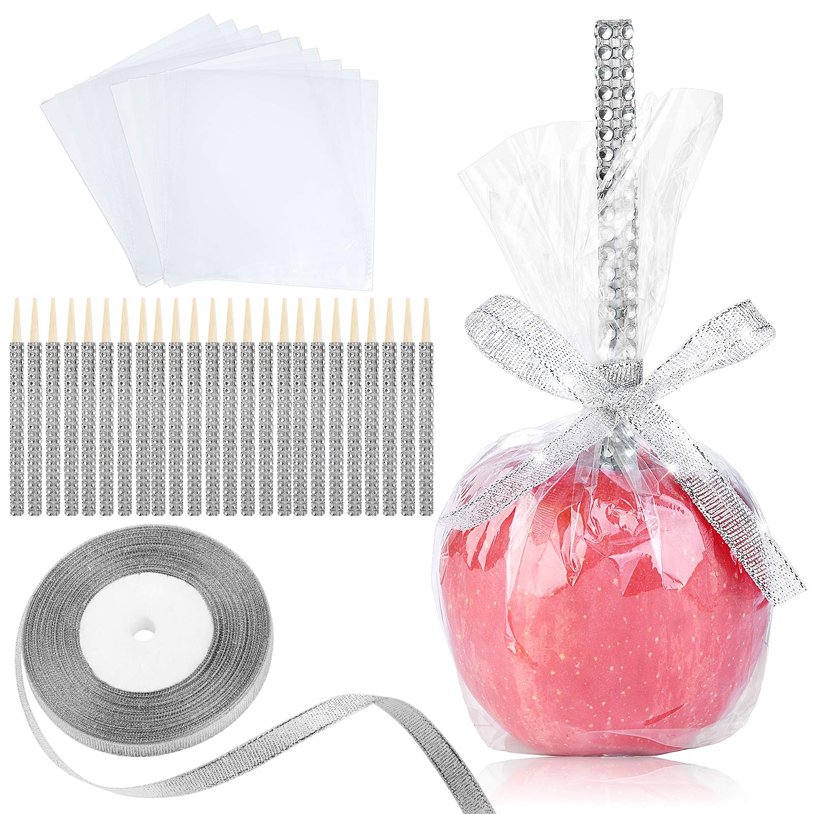 24 Pack Candy Apple Bamboo Sticks, Caramel Apple Wooden Bling Pointed Skewers,Food Sticks for Rice Krispy Treats Cookie Pops Brownies Corn Dogs with Glass Bag Glitter Ribbons Tie (Silver)