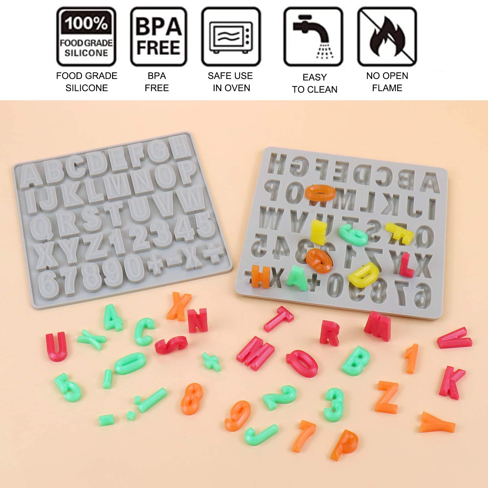 Juome 2Pcs Letter Molds for Chocolate, Alphabet and Numbers Silicone Molds for Making Gummy Candy Chololate Cake Decoration