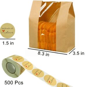 100 Pack Kraft Paper Bread Bags for Homemade Bread Large Loaf Bag with Clear Front Window 14" x 8.3" x 3.5" 500pcs Homemade with Love sticker, Food Packaging Storage Popcorn Cookie Treat Bakery Bag