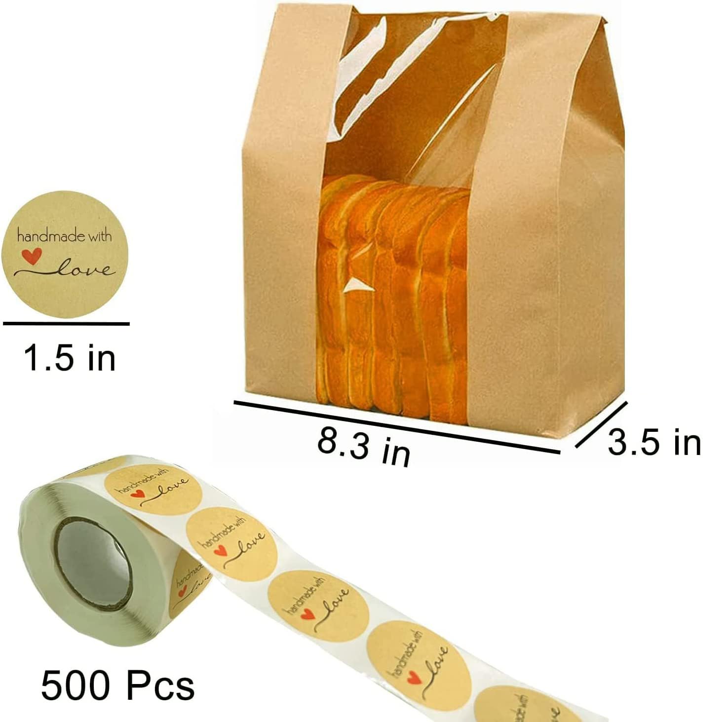 100 Pack Kraft Paper Bread Bags for Homemade Bread Large Loaf Bag with Clear Front Window 14" x 8.3" x 3.5" 500pcs Homemade with Love sticker, Food Packaging Storage Popcorn Cookie Treat Bakery Bag