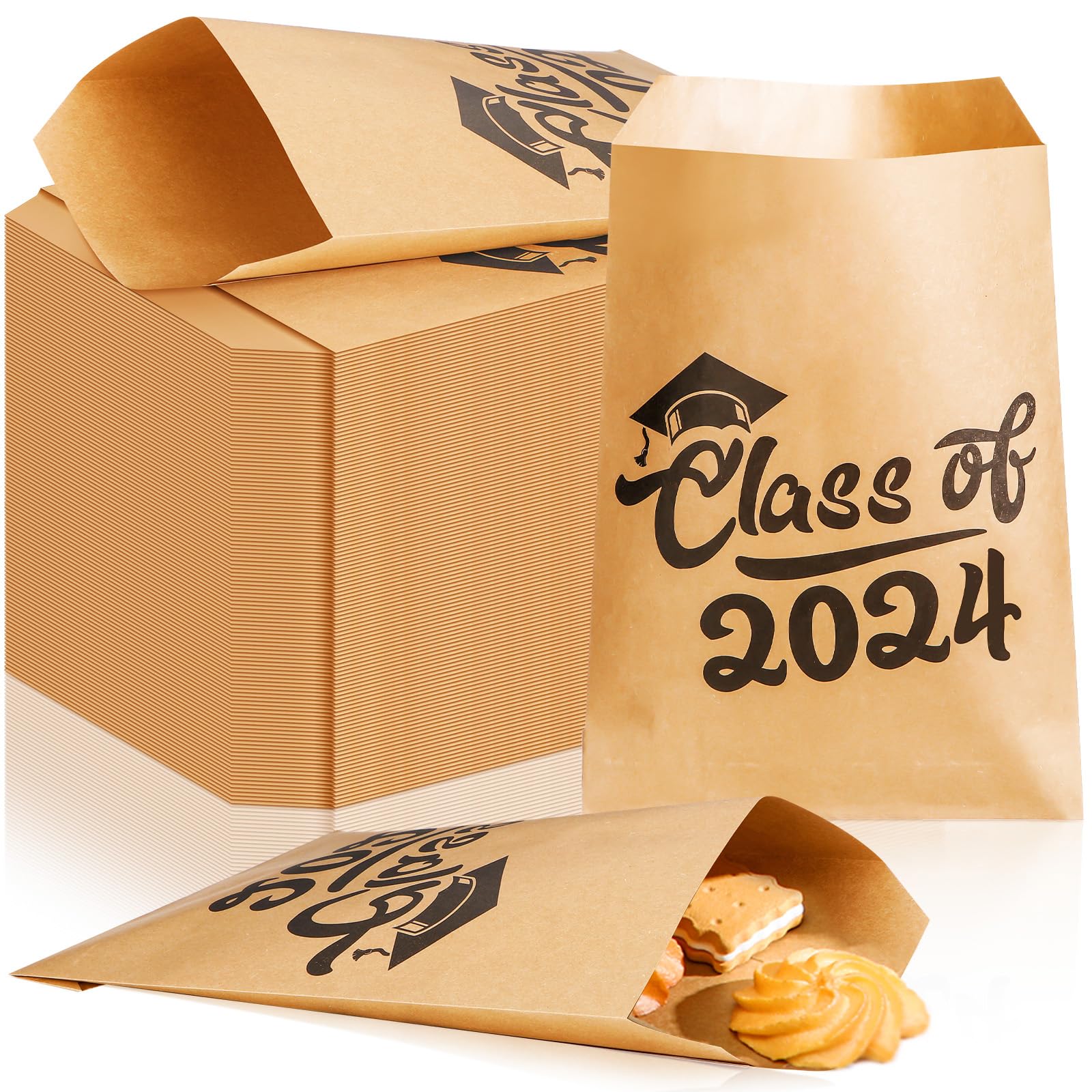 Woanger 100 Pcs Graduation Favor Bags Candy Bags Paper Cookie Bags Class of 2024 Grad Treat Bags Kraft Brown Bags Small Flat Envelopes Favor Bags for Bakery Snacks Sandwiches Graduation Party Supply