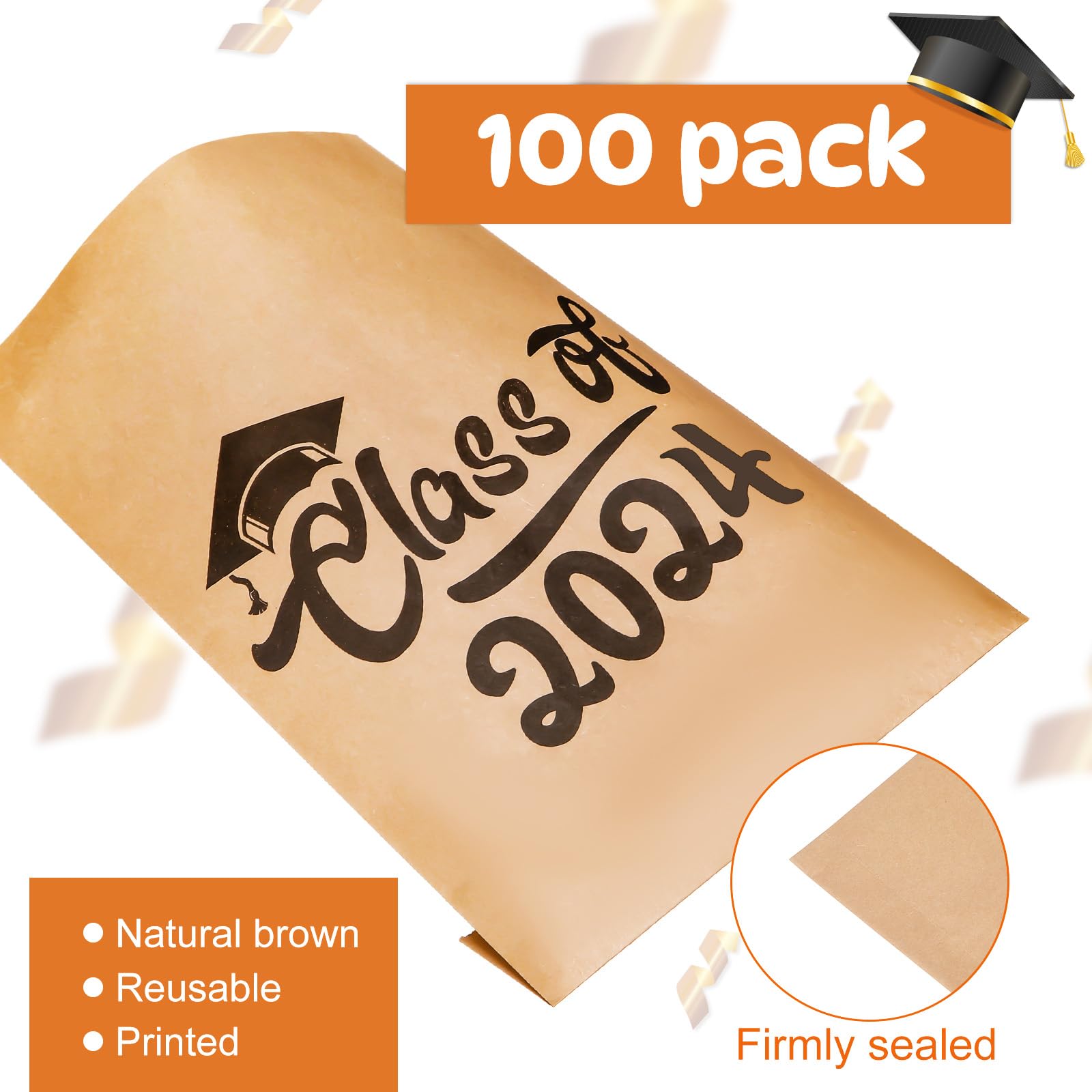 Woanger 100 Pcs Graduation Favor Bags Candy Bags Paper Cookie Bags Class of 2024 Grad Treat Bags Kraft Brown Bags Small Flat Envelopes Favor Bags for Bakery Snacks Sandwiches Graduation Party Supply