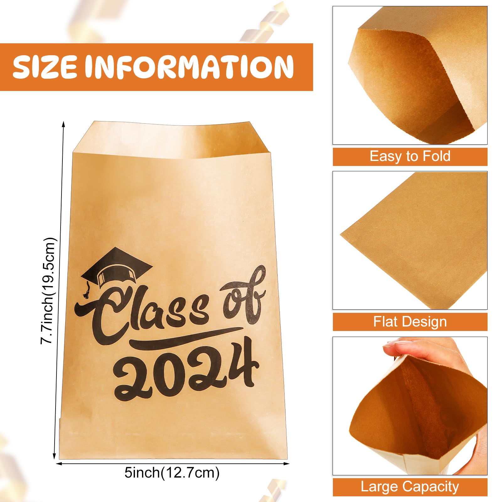 Woanger 100 Pcs Graduation Favor Bags Candy Bags Paper Cookie Bags Class of 2024 Grad Treat Bags Kraft Brown Bags Small Flat Envelopes Favor Bags for Bakery Snacks Sandwiches Graduation Party Supply