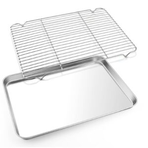 e-far cookie sheet with rack set, half sheet baking pan for oven cooking, 18”x13” stainless steel rimmed tray with wire cooling rack for roasting broiling bacon meat steak - dishwasher safe