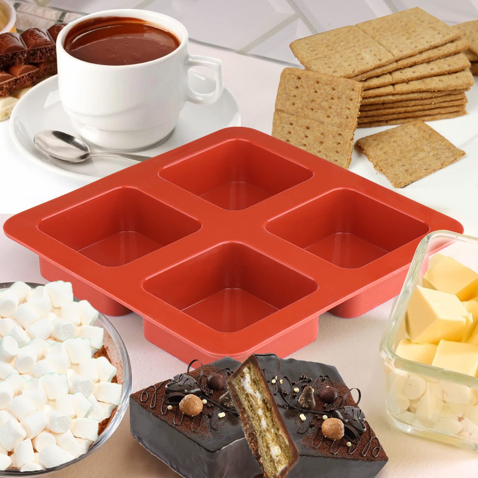 Cadeya 2 Pcs 4 Cavity Chocolate Covered Cookies Molds for S'mores, Square Silicone Mold for Smores, Graham Crackers, Marshmallow