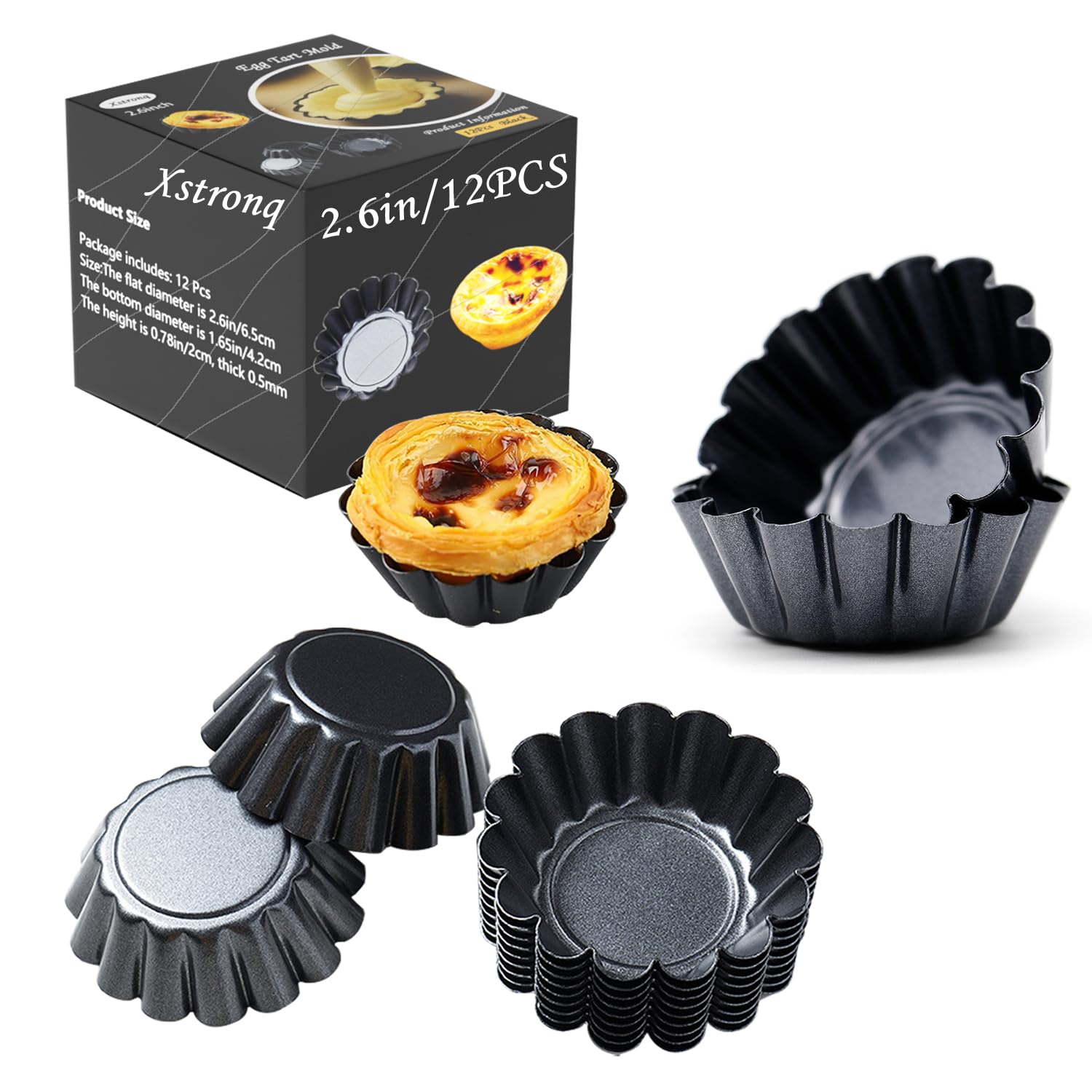 Xstronq Egg Tart Molds 12PCS Tart Pan, Mini Carbon Steel Non Stick Tart Pans, Tart Molds For Baking (2.6 inch)