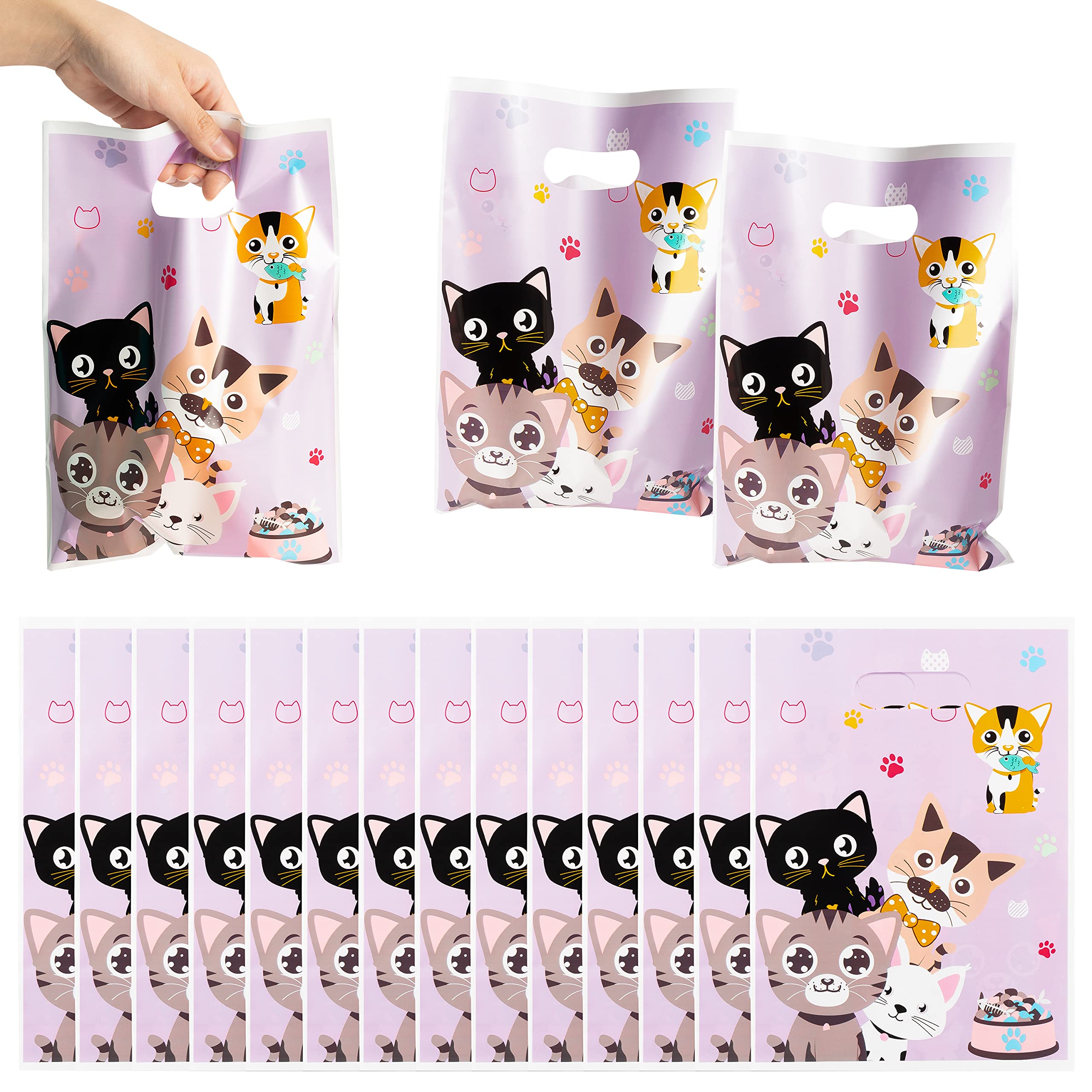 3sscha 50Pcs Cat Party Favor Bag Cute Cat Themed Purple Waterproof Goodies Cookies Bag with Die Cut Handles Animals Pet Paw Glossy Plastic Candy Gift Bags for Kid Birthday Party Decoration Supplies