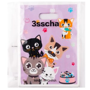 3sscha 50Pcs Cat Party Favor Bag Cute Cat Themed Purple Waterproof Goodies Cookies Bag with Die Cut Handles Animals Pet Paw Glossy Plastic Candy Gift Bags for Kid Birthday Party Decoration Supplies