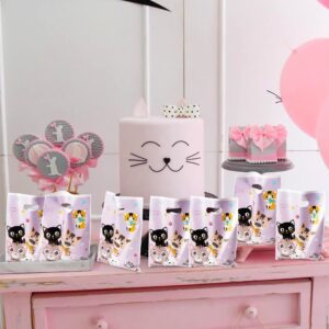 3sscha 50Pcs Cat Party Favor Bag Cute Cat Themed Purple Waterproof Goodies Cookies Bag with Die Cut Handles Animals Pet Paw Glossy Plastic Candy Gift Bags for Kid Birthday Party Decoration Supplies