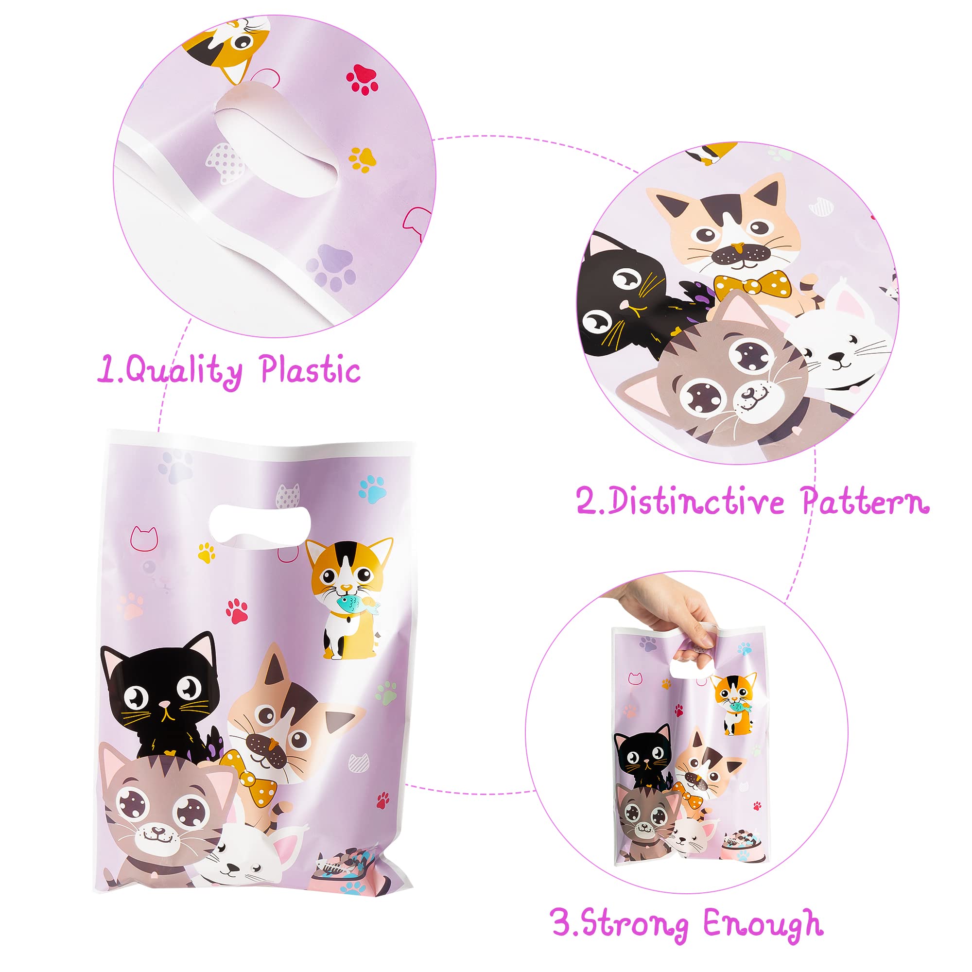 3sscha 50Pcs Cat Party Favor Bag Cute Cat Themed Purple Waterproof Goodies Cookies Bag with Die Cut Handles Animals Pet Paw Glossy Plastic Candy Gift Bags for Kid Birthday Party Decoration Supplies