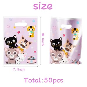 3sscha 50Pcs Cat Party Favor Bag Cute Cat Themed Purple Waterproof Goodies Cookies Bag with Die Cut Handles Animals Pet Paw Glossy Plastic Candy Gift Bags for Kid Birthday Party Decoration Supplies