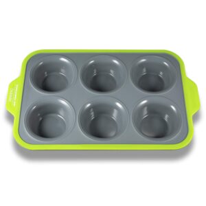 jxwing 6 cups non-stick silicone cupcake baking pan with ergonomics grips, premium stainless steel core muffin pan, green