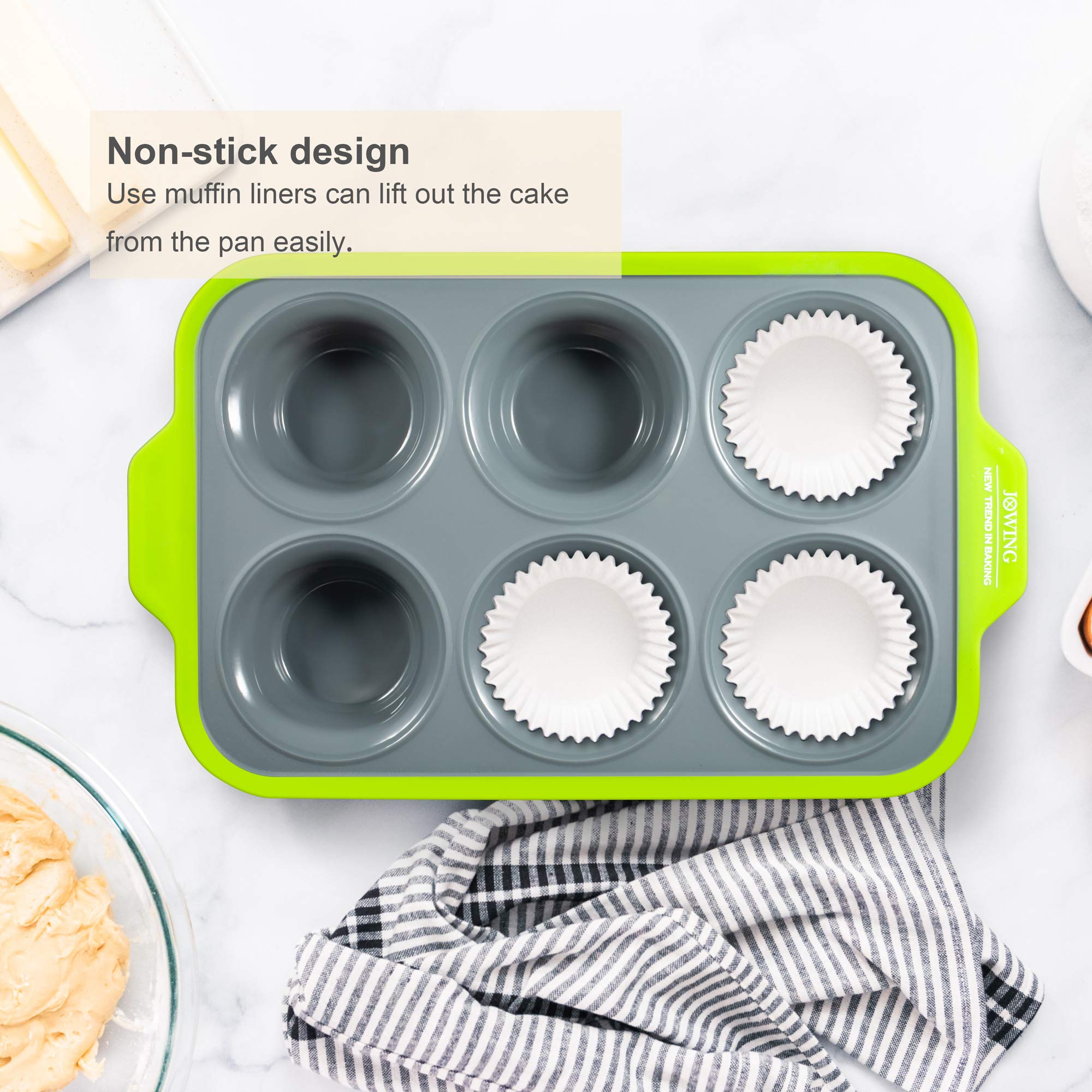 JXWING 6 Cups Non-stick Silicone Cupcake Baking Pan with Ergonomics Grips, Premium Stainless Steel Core Muffin Pan, Green