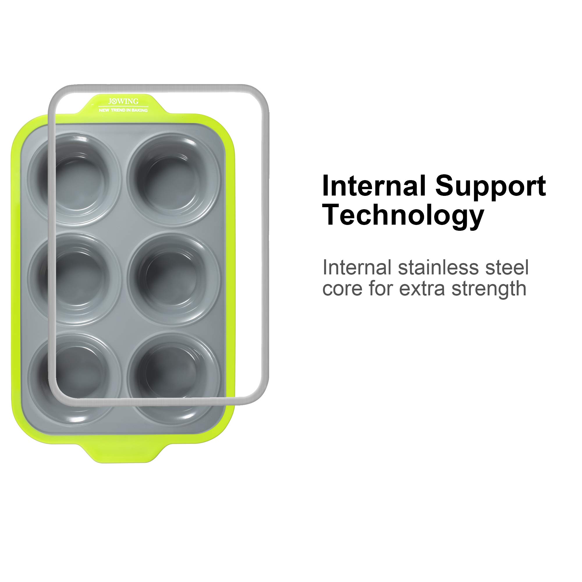 JXWING 6 Cups Non-stick Silicone Cupcake Baking Pan with Ergonomics Grips, Premium Stainless Steel Core Muffin Pan, Green