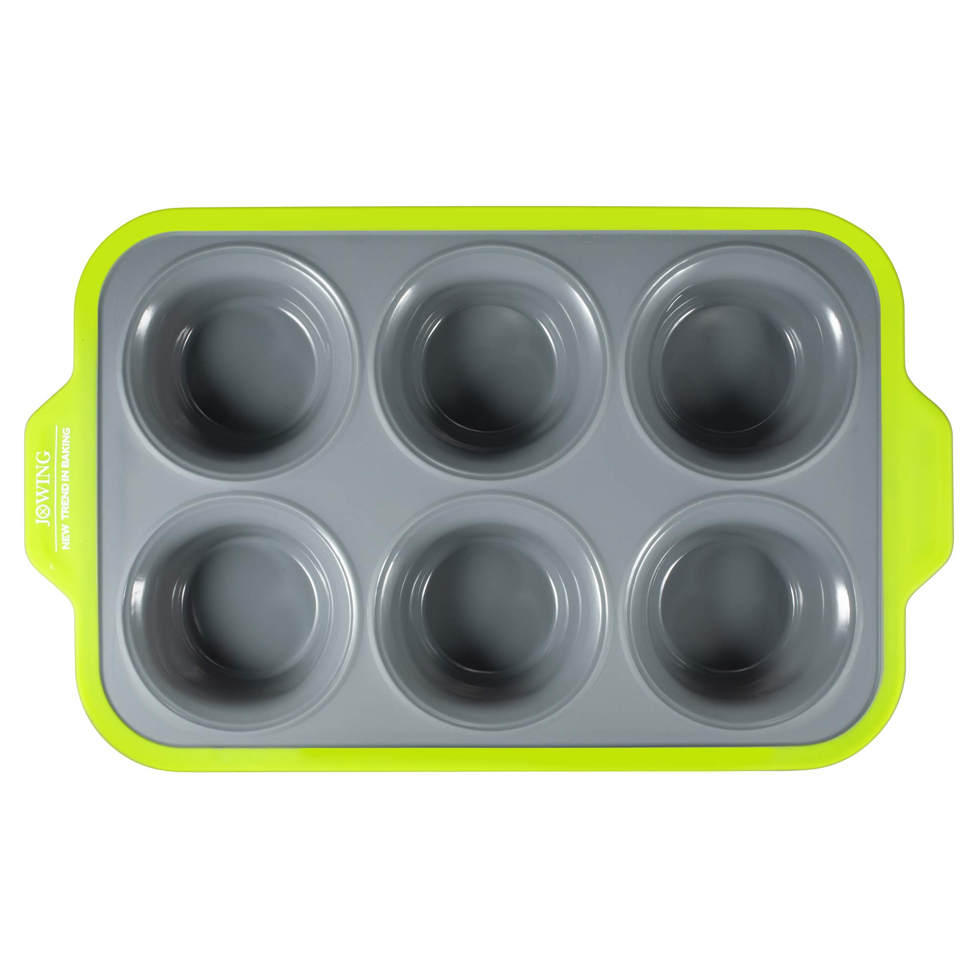 JXWING 6 Cups Non-stick Silicone Cupcake Baking Pan with Ergonomics Grips, Premium Stainless Steel Core Muffin Pan, Green