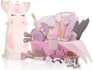 baker buddy unicorn kids baking set with storage case, real working utensils, cookie cutters, and baking supplies, beautiful unicorn apron for kids