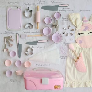 Baker Buddy Unicorn Kids Baking Set with storage case, real working utensils, cookie cutters, and baking supplies, beautiful unicorn apron for kids