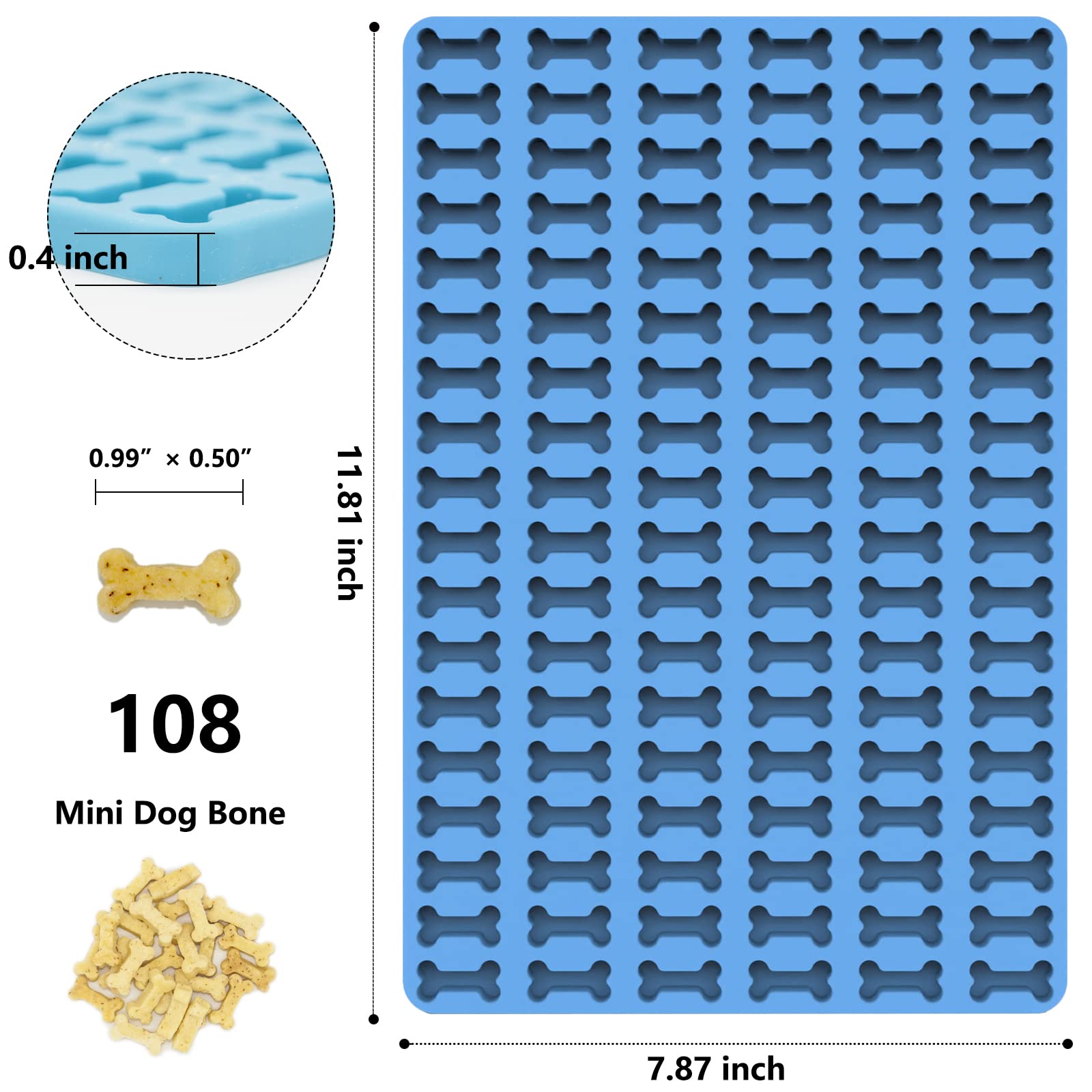 Dog Treats Molds, 108 Dog Bone Shaped Silicone Mold Food-Grade Dog Snacks Maker for Baking and Freezing Candy Chocolate Biscuits for Small/Medium/Large Dogs with Baking Spatula