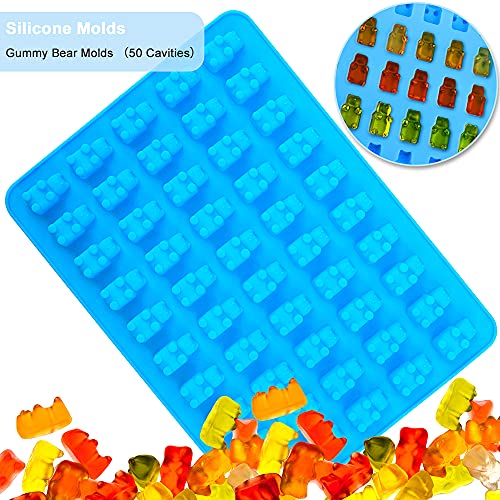 YLhao Gummy Candy Molds Silicone, Mini Fun Gummy Bear Molds - Heart Shaped Mold, 105 Cavities with 2 Droppers Silicone Gummy Molds, Food Grade, Non Stick 2 Pack (Blue, Pink)