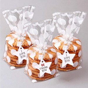 joersh 8.1" x 5" bottom gusset clear plastic cookie bags with ties 200 pack, white polka dots pattern small candy bags treat bags for muffin bakery packaging