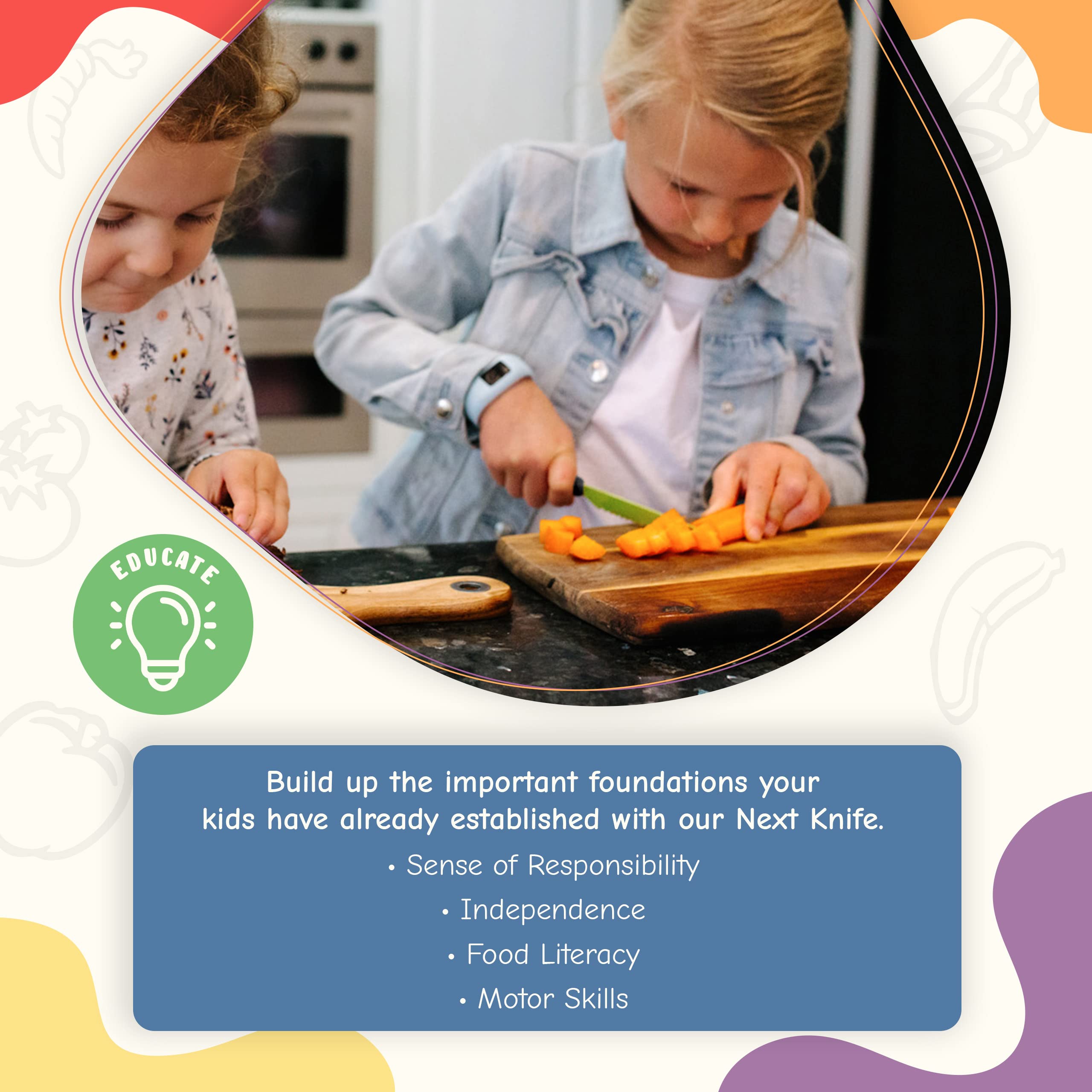 Foost Kids Knife - Kitchen Safe Kids Knife for Real Cooking & Cutting Vegetables & Food - Next Knife for Kids Aged 5+ with Stainless Steel Coat, Longer Serrated Blade, Blunt Tip, & Easy Grip Handle