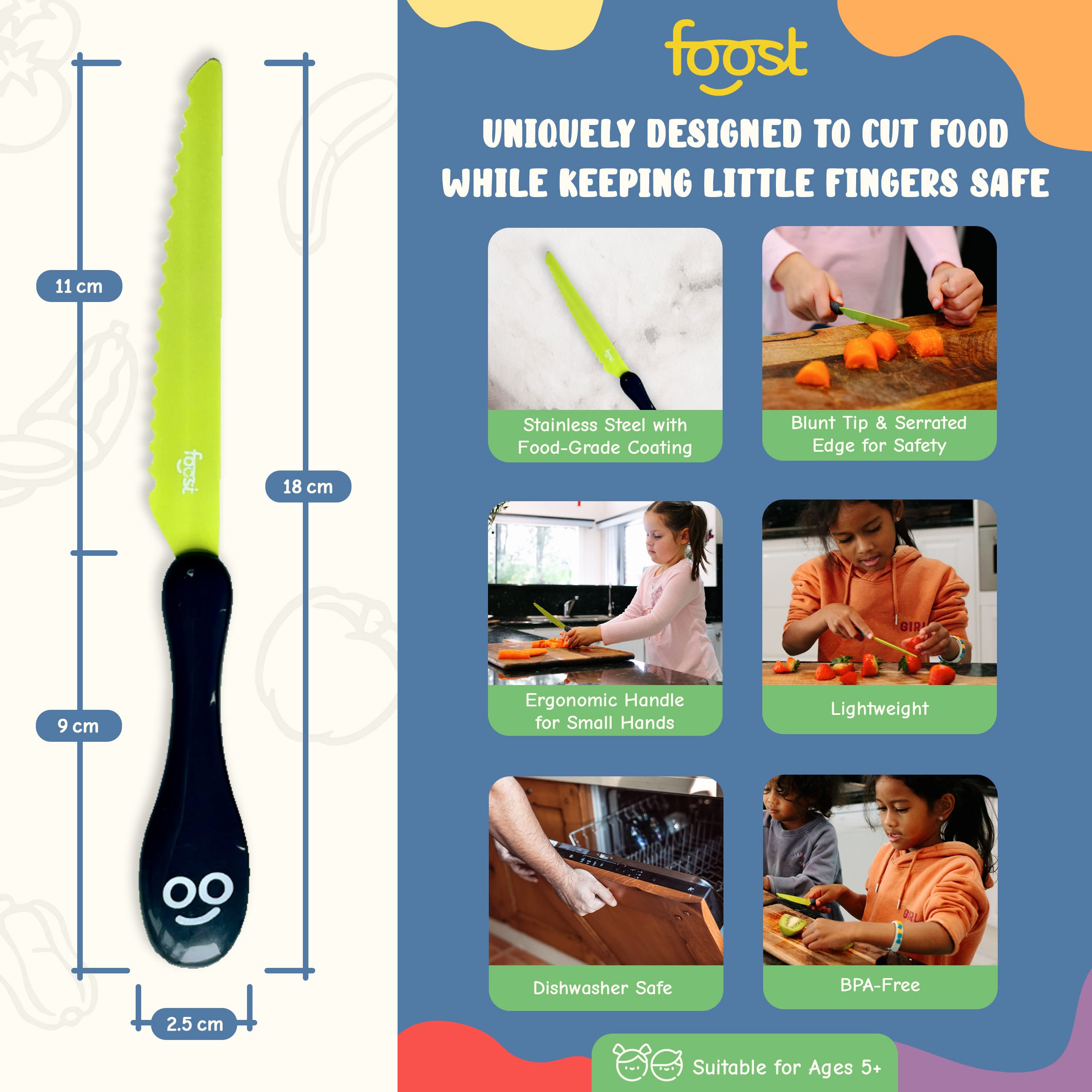 Foost Kids Knife - Kitchen Safe Kids Knife for Real Cooking & Cutting Vegetables & Food - Next Knife for Kids Aged 5+ with Stainless Steel Coat, Longer Serrated Blade, Blunt Tip, & Easy Grip Handle