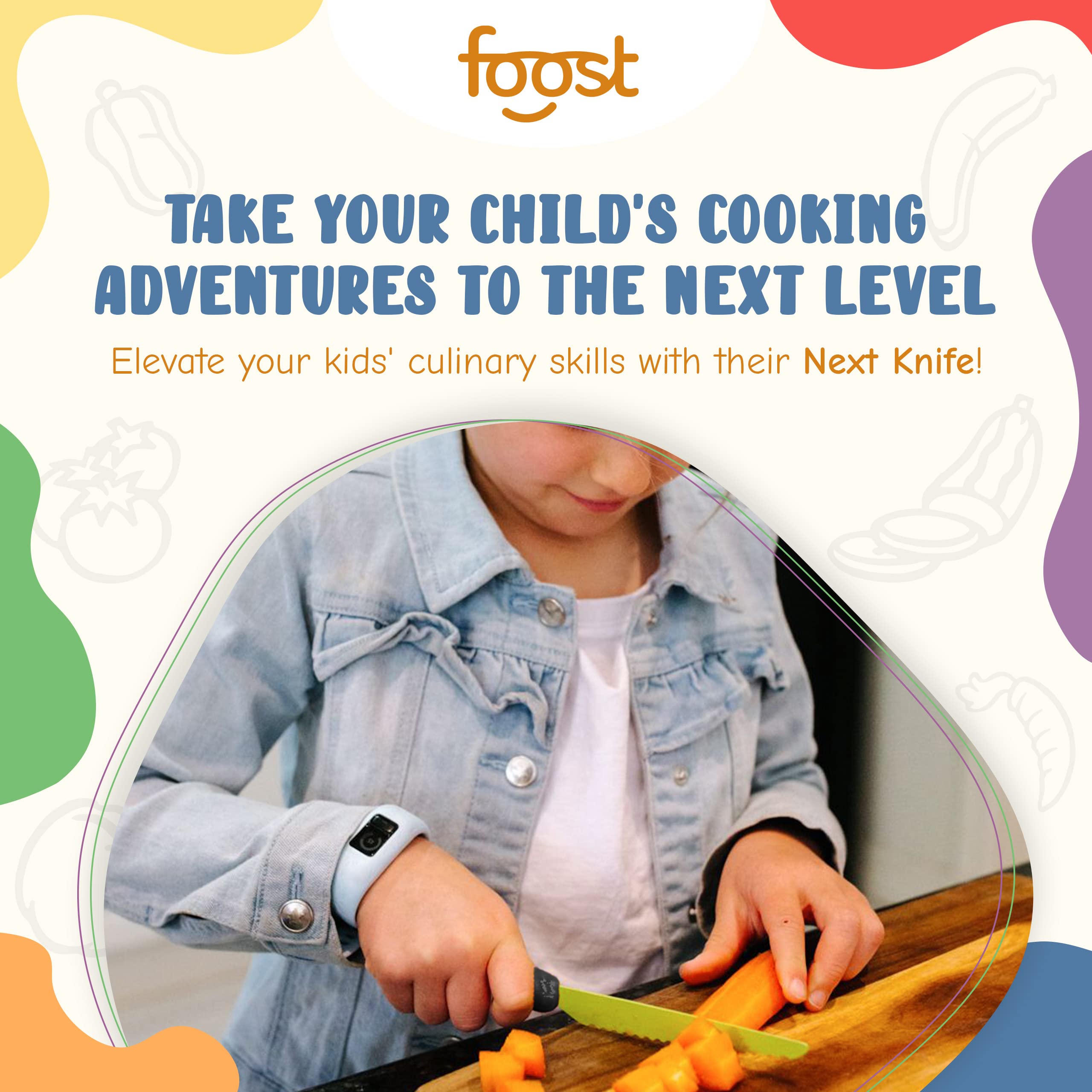 Foost Kids Knife - Kitchen Safe Kids Knife for Real Cooking & Cutting Vegetables & Food - Next Knife for Kids Aged 5+ with Stainless Steel Coat, Longer Serrated Blade, Blunt Tip, & Easy Grip Handle