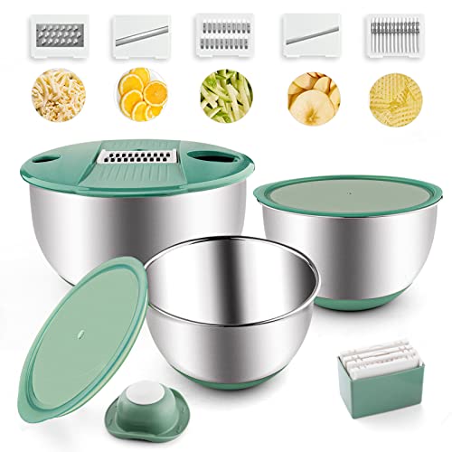 weltonhm Mixing Bowls Set of 3 Stainless Steel Bowl with Lids Set, Nesting Bowls with Graters Airtight Lids for Cooking, Baking, Prepping(Green)