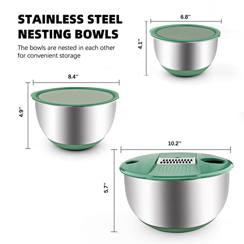 weltonhm Mixing Bowls Set of 3 Stainless Steel Bowl with Lids Set, Nesting Bowls with Graters Airtight Lids for Cooking, Baking, Prepping(Green)