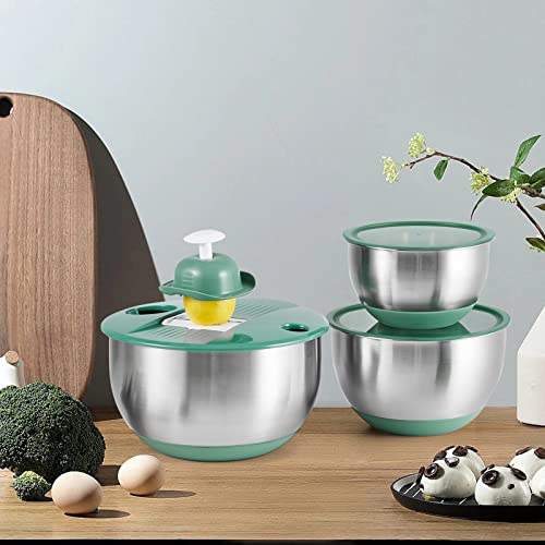 weltonhm Mixing Bowls Set of 3 Stainless Steel Bowl with Lids Set, Nesting Bowls with Graters Airtight Lids for Cooking, Baking, Prepping(Green)