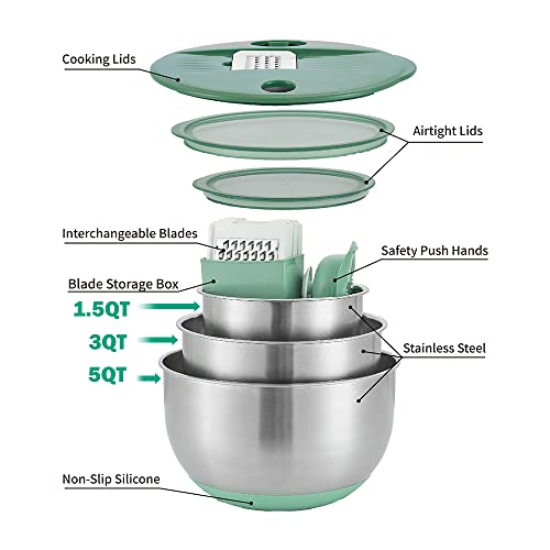 weltonhm Mixing Bowls Set of 3 Stainless Steel Bowl with Lids Set, Nesting Bowls with Graters Airtight Lids for Cooking, Baking, Prepping(Green)