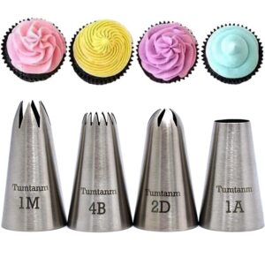 tumtanm professional large piping nozzles, 4pcs stainless steel seamless icing piping nozzle tip set for cakes, cupcakes and baking