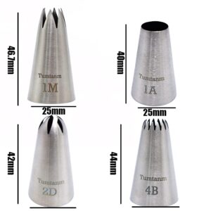 Tumtanm Professional Large Piping Nozzles, 4pcs Stainless Steel Seamless Icing Piping Nozzle Tip Set for Cakes, Cupcakes and Baking