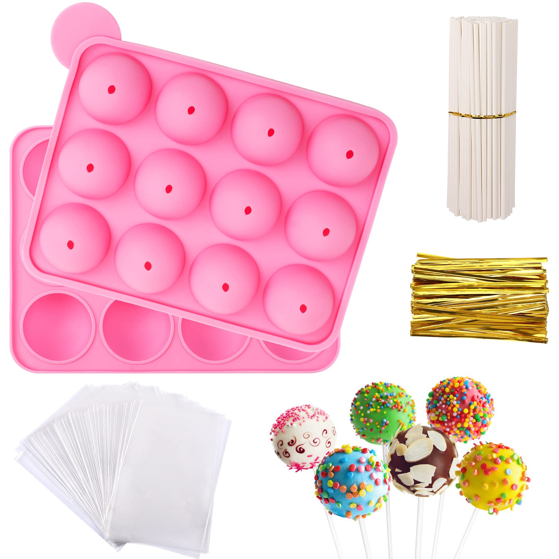 JULMELON Cake Pop Mold,12pcs Capacity Silicone Cake Pop Mold Set, Cake Pop Maker with 100pcs Cake Pop Sticks 100pcs Candy Treat Bags100pcs Gold Ties for Lollipop Candy Chocolate Making and Packing