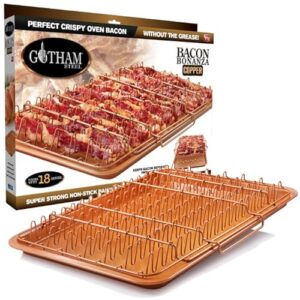 gotham steel bacon bonanza xl baking pan with rack for crispy bacon + crisper tray for bacon with grease catcher, nonstick bacon cooker for oven / copper bacon pan, non-toxic oven / dishwasher safe
