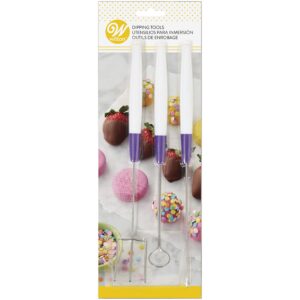 wilton candy melts candy dipping tool set, ideal for strawberries, cake pops, pretzels or marshmallows, includes 3-prong fork,cradling spoon and spear, tools only,candy melts not included,white/purple