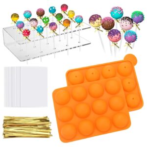 silicone cake pop mold set, 12 cavity lollipop maker kit, 100pcs cake pop stick,15-hole acrylic lollipop holder for baking lollipop, hard candy, cake and chocolate (orange)