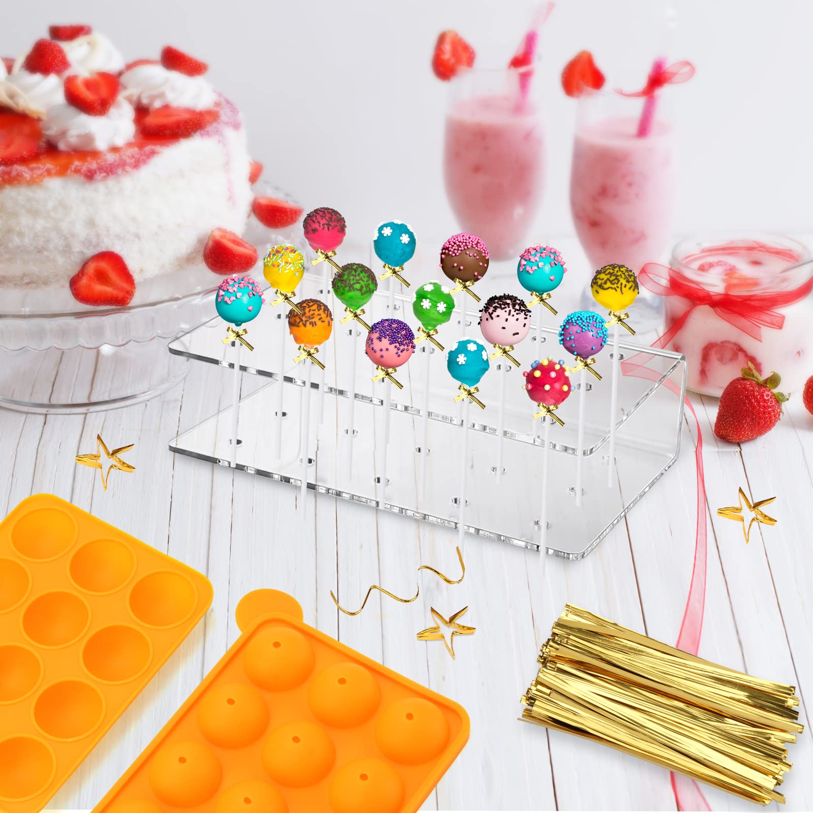 Silicone Cake Pop Mold Set, 12 Cavity Lollipop Maker Kit, 100pcs Cake Pop Stick,15-Hole Acrylic Lollipop Holder for Baking Lollipop, Hard Candy, Cake and Chocolate (Orange)